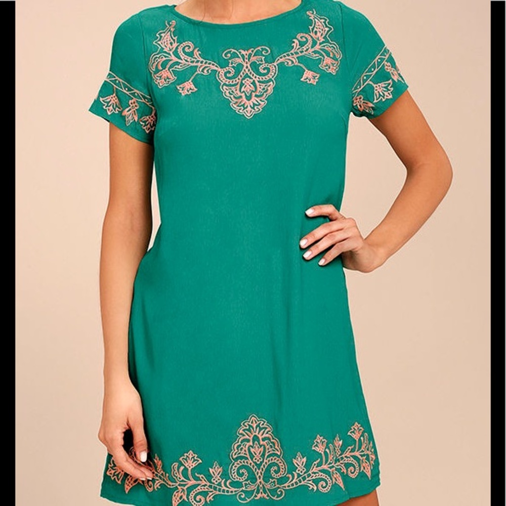 Lulus Pink and Teal Green Embroidered Shift Dress, Size M